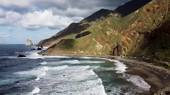 Aerial drone view of a wild coastline of Anaga National Park in Northern Tenerife in the Canary Isla