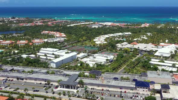 Caribbean City Near Tropical Coastline. Aerial View From Drone