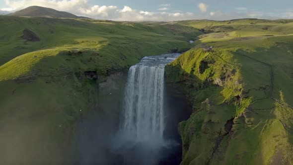 Aerial Skogafos Waterfall in Sunny Iceland