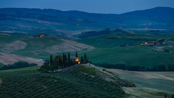 Night to Day Time Lapse of Tuscany valley, Val d’Orcia, Tuscany, Italy