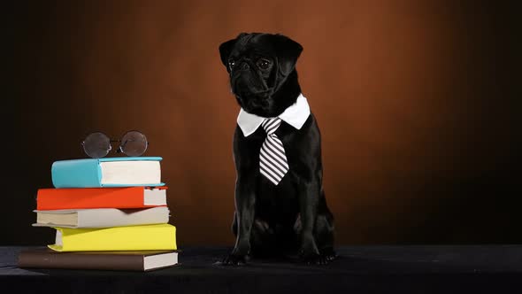 An Intelligent Pug in a White Collar with a Tie Sits Next to a Stack of Books and Glasses