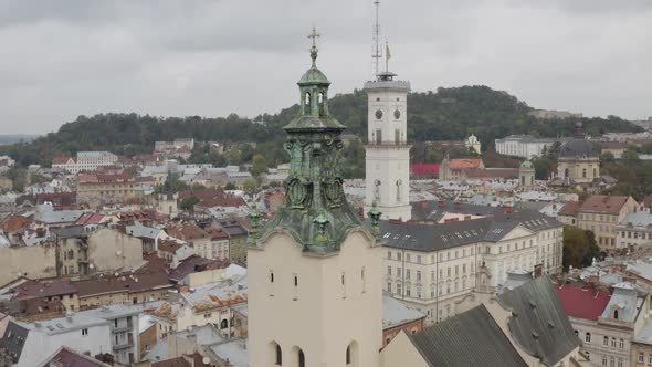 Aerial Drone Video Panorama of Latin Cathedral in City Lviv Ukraine Flight Above Roofs Streets