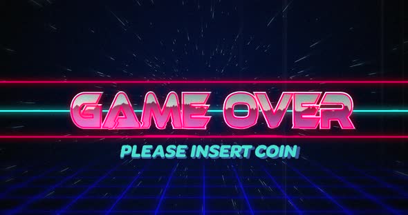 Retro Game over text glitching over blue and red lines on white hyperspace effect