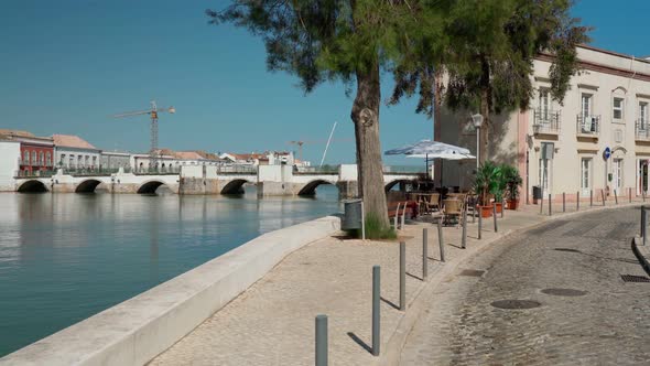 The Ancient Historic Portuguese Town of Tavira Walks Along the Arab Bridge on the River Gilao on the