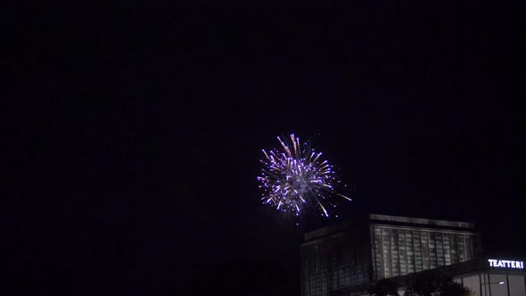 Slowmotion of colorful fireworks exploding in the nightsky above city Turku in Finland.