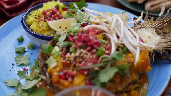 Close Up of Thai Curry Served in a Pineapple. Vegan Options of Trendy Asian Cuisine 