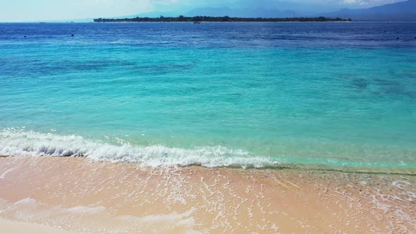 Aerial drone view abstract of relaxing lagoon beach vacation by blue green lagoon with clean sandy b