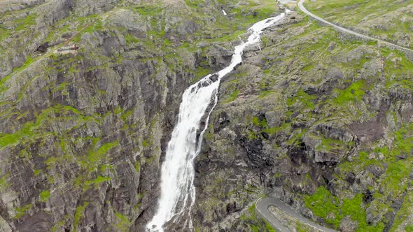 Aerial View Of Stigfossen Waterfall At The Rocky Cliff In More Og Romsdal County, Norway.