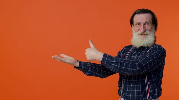 Senior Old Bearded Man Showing Thumbs Up and Pointing at Left on Blank Space Advertisement Logo