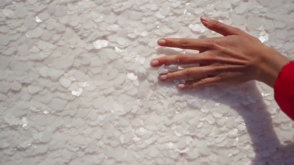 Womans Hand Holding Crystallized Salt Flakes Natural Mineral Formation
