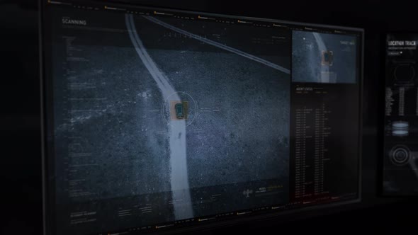 The Drone is Following Wanted Car. Satellite Footage on the Screen. UI. Data. alt