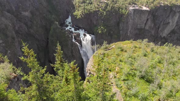 View from the top of Voringsfossen waterfall; fly-over the gorge; Norway