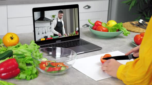 Woman in Kitchen Study Online Video Call Webcam Laptop Listen Chef Tells Teacher
