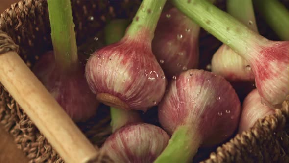 Super Slow Motion Water Droplets Fall on the Garlic