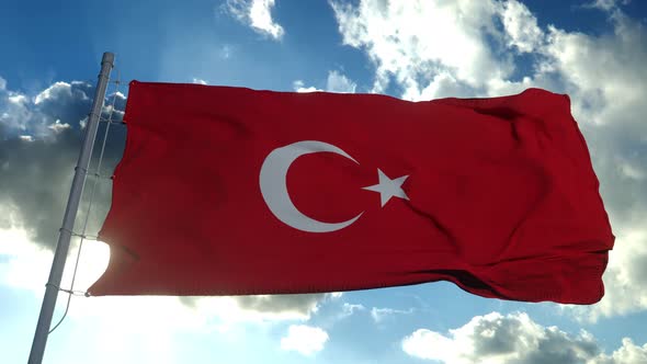 Turkey Flag Blowing Wind Blue Sky Background