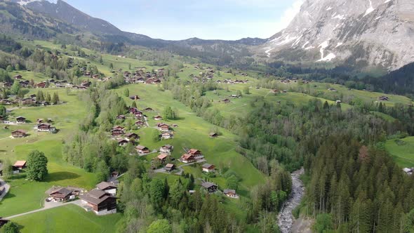 Drone over an alpine village in Switzerland, Europe