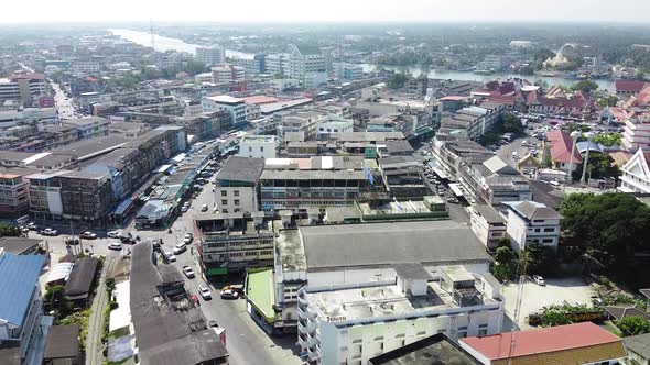 Amazing Aerial View of Maeklong Cityscape and Railway Market Thailand