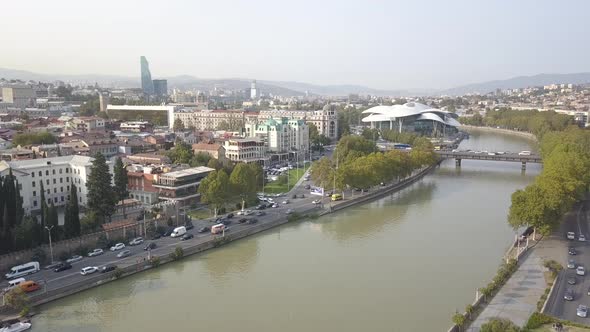 Aerial view of Baratashvili Bridge and Public Registry. Tbilisi Georgia