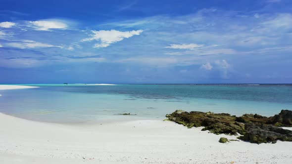 Aerial top view tourism of tranquil bay beach voyage by turquoise ocean and white sand background of