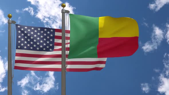 Usa Flag Vs Benin Flag On Flagpole