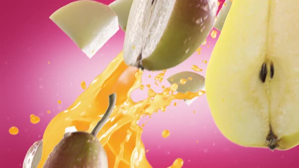 Pear with Slices Falling on Pink Background