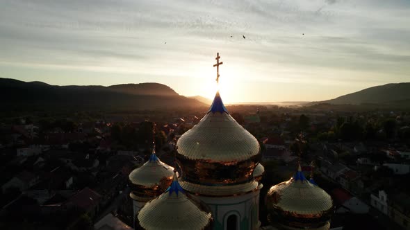 Christian Church at Sunset Aerial View Temple in the Transcarpathia Ukraine alt