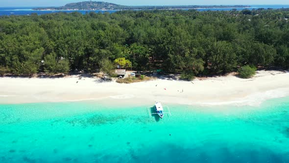 Aerial panorama of exotic coast beach break by aqua blue lagoon with white sand background of advent