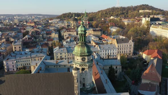 Aerial Video of Church in Central Part of Old City of Lviv, Ukraine