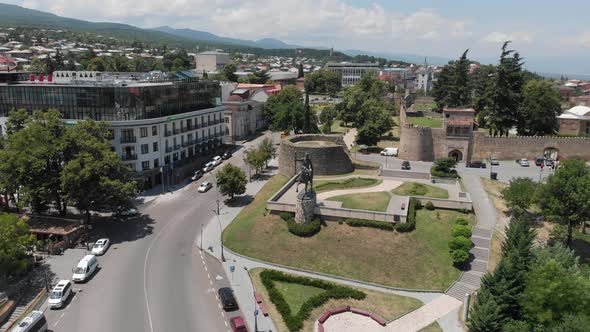 Aerial view of Monument of King Erekle II in Telavi. flying over Batonis Tsikhe