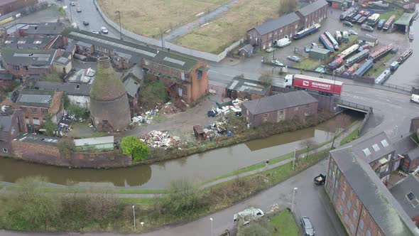 Aerial view of Kensington Pottery Works an old abandoned, derelict pottery factory and bottle kiln l