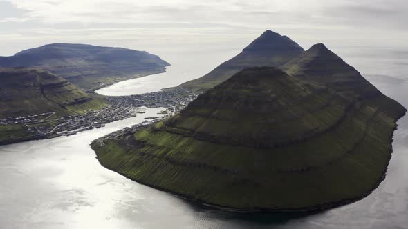 Drone Over Klakkur Mountain With Klaksvik Town Below