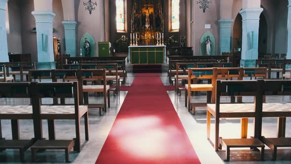 Wooden Pews Inside Catholic Cathedral Benches for Prayers Church Interior