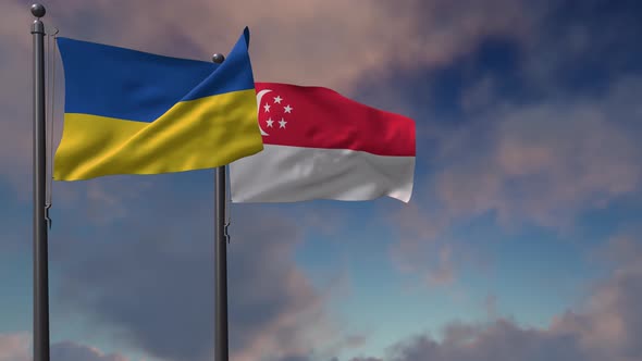 Singapore Flag Waving Along With The National Flag Of The Ukraine - 4K