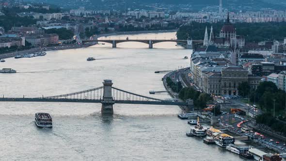 Budapest City and Danube River Day to Night Timelapse, Lots of Ships Passing By