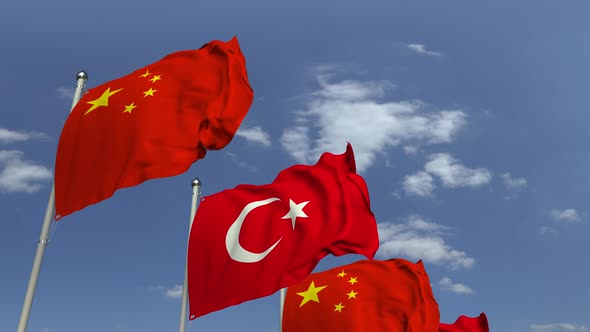 Waving Flags of Turkey and China