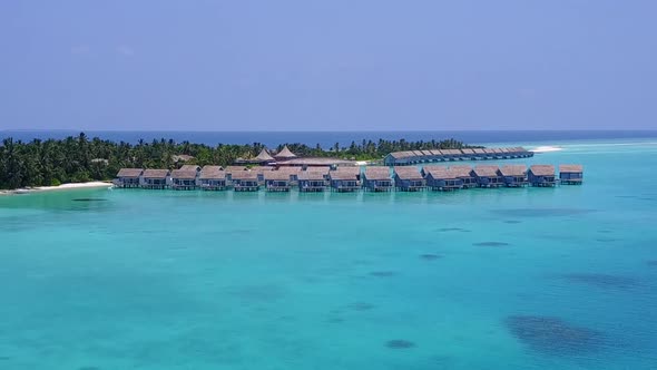 Aerial drone seascape of seashore beach wildlife by blue lagoon with sand background