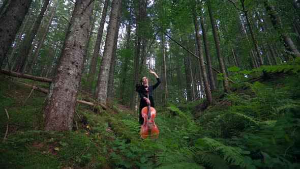 Pretty woman with cello in forest. Beautiful young female musician standing inside the green woods 