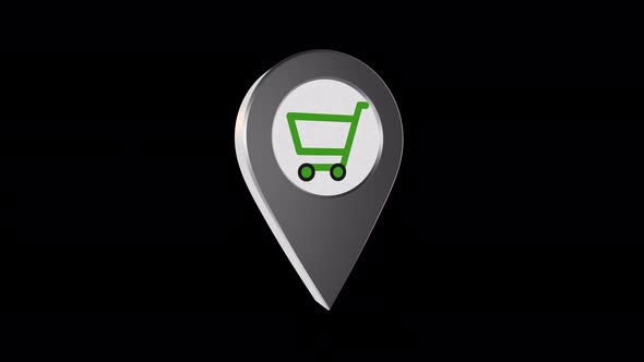 3D Rotating Shopping Cart Location  Pin Icon Animation With Alpha Channel 4K