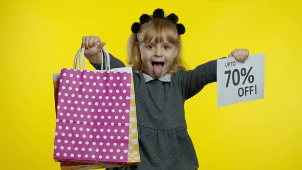Pupil Girl with Shopping Bags Showing Up To 70 Percent Off Banner Text Advertisement. Holiday Sale