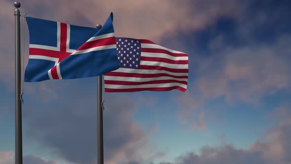 Iceland Flag Waving Along With The National Flag Of The USA - 4K