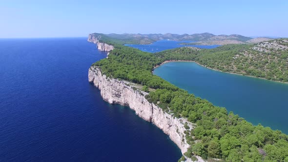 Panoramic view of cliffs and a beautiful salty lake on Dalmatian coast