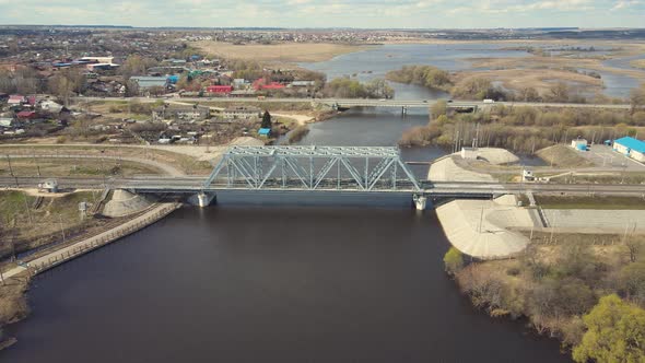 Beautiful River Flood Railway Bridge Spring Flood Aerial View