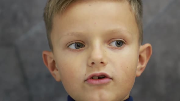 Closeup Shot of a Little European Boy Who Says Something Interesting Looks Funny