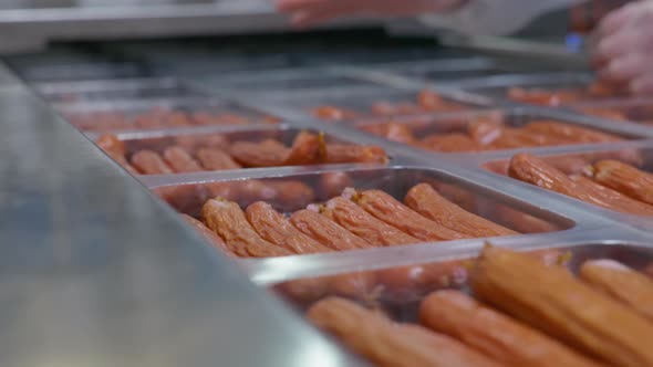 Workers of the Cooked Meats Plant Distribute Readymade Sausages in Plastic Packages