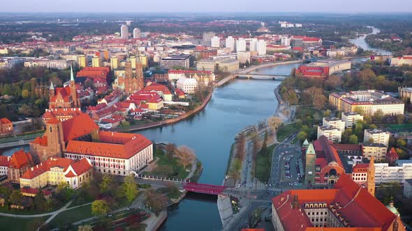 View From the Height on the Historic City Center and the Odra River. Stare Myasto, Wroclaw, Poland