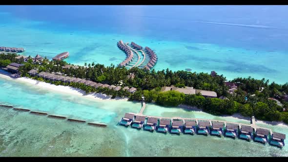 Aerial flying over tourism of perfect shore beach wildlife by blue water and white sand background o