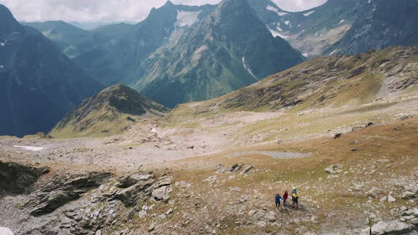 Aerial view; drone flying near hikers group