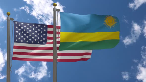Usa Flag Vs Rwanda Flag On Flagpole