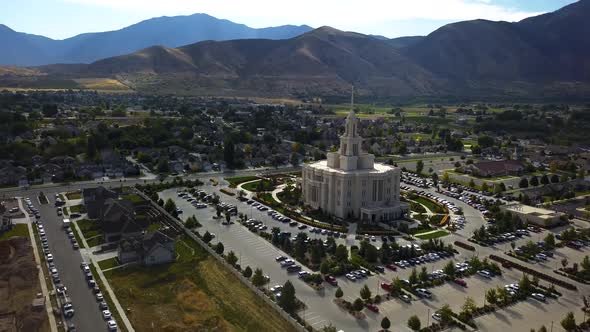 Aerial view of the Church of Jesus Christ of Latter Day Saints temple in Payson, UT on a beautiful c