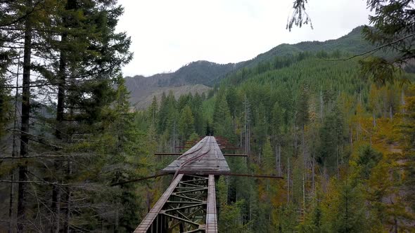 Aerial flying over abandoned Vance Creek Bridge in Washington.